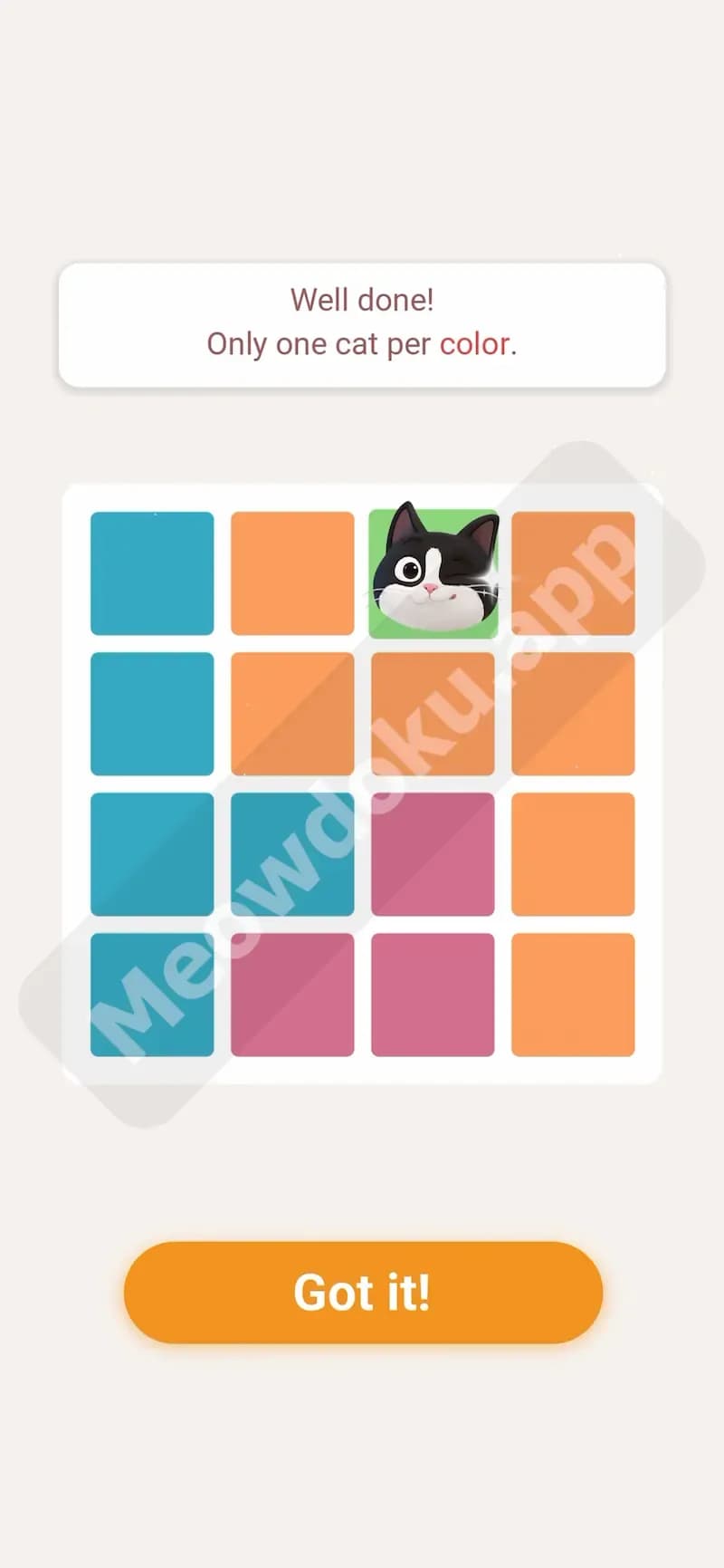 each colored region contains exactly one cat
