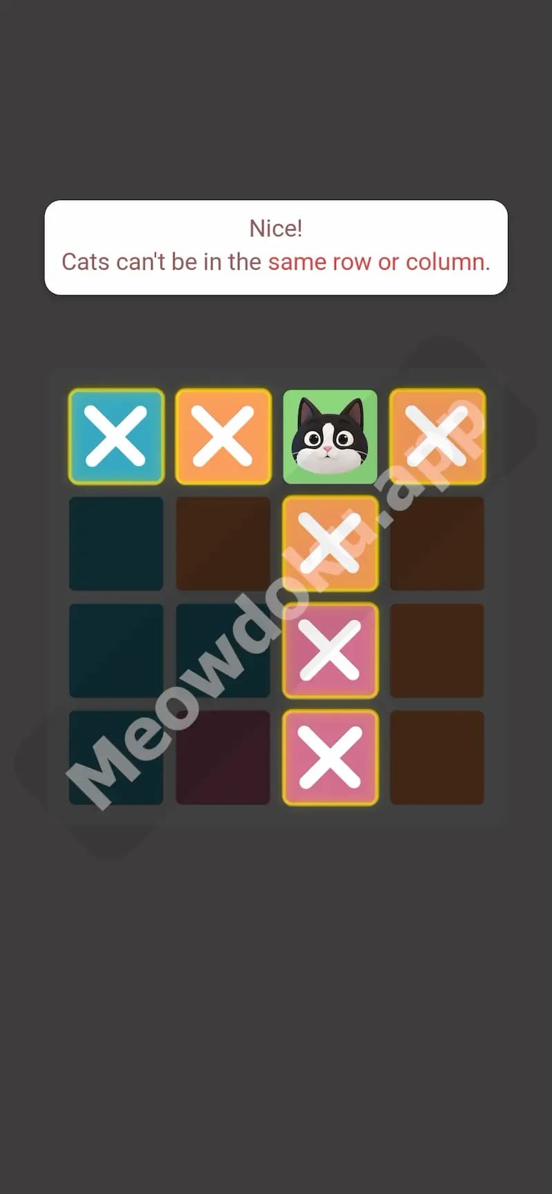 Cats can't be in the same row or column.